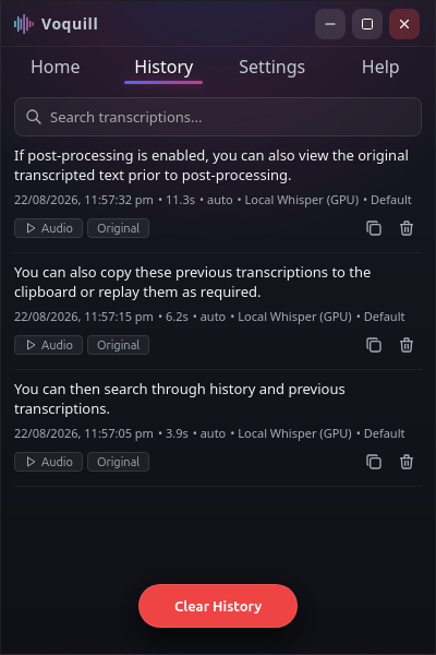 Voquill History & Playback Interface